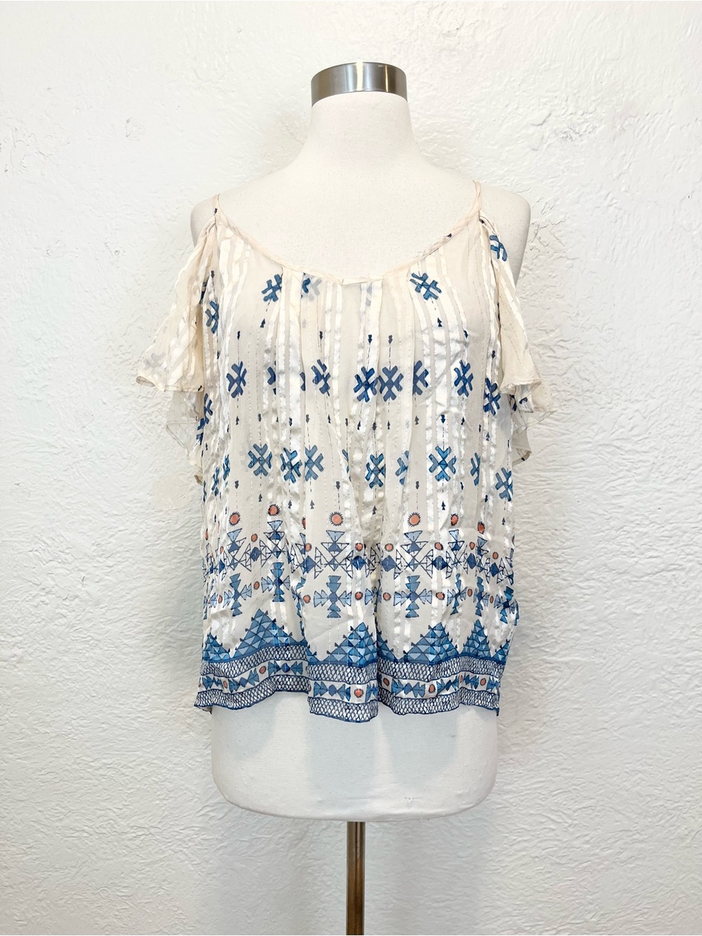 Joie Blouse Top Cream Blue Cold Shoulder Silk Metallic Boho Large L